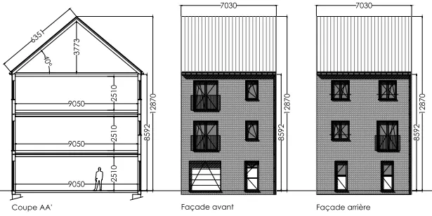 Coupe et façades du modèle Bella