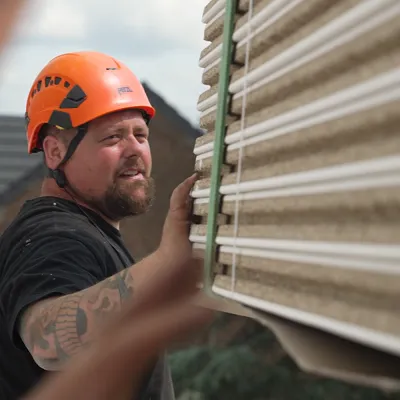 Un homme qui tient un bout de maison modulaire